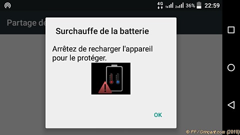 Surchauffe batterie – Arrêtez de recharger l'appareil pour le protéger (capture écran 25/02/2018)