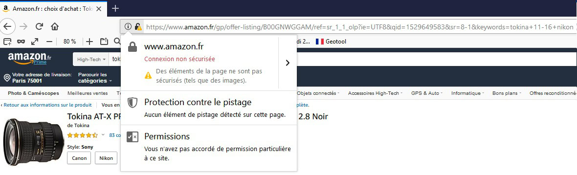 Amazon.fr - Alerte de sécurité navigateur, éléments non sécurisés - Capture écran 22/06/2018-08h42