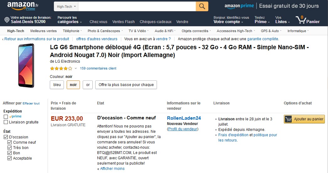 Amazon.fr - Exemple article (smartphone LG) 