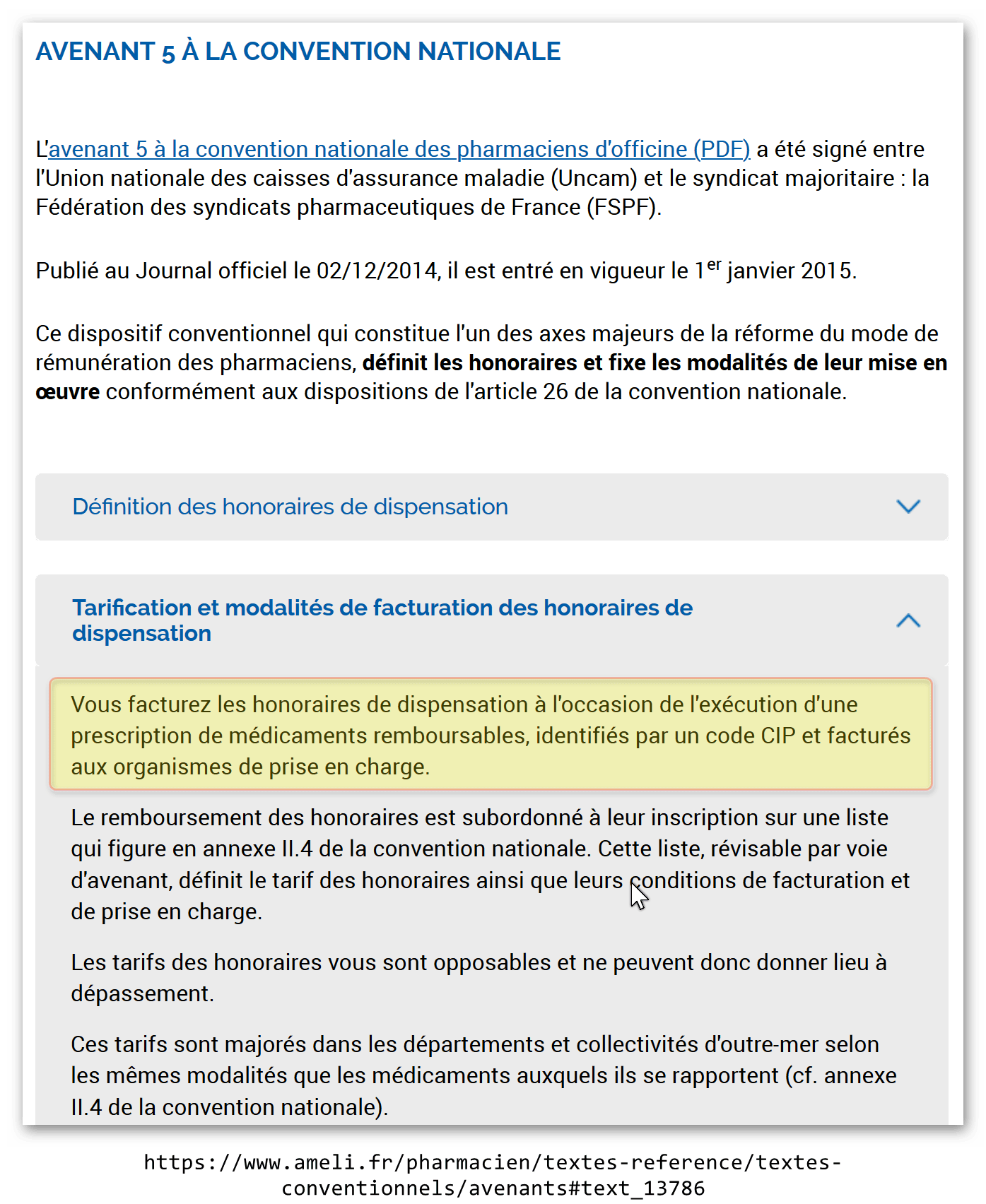 Ameli Pharmaciens —  Avenant n° 5, explications tarification honoraire dispensation — Capture 20200703am