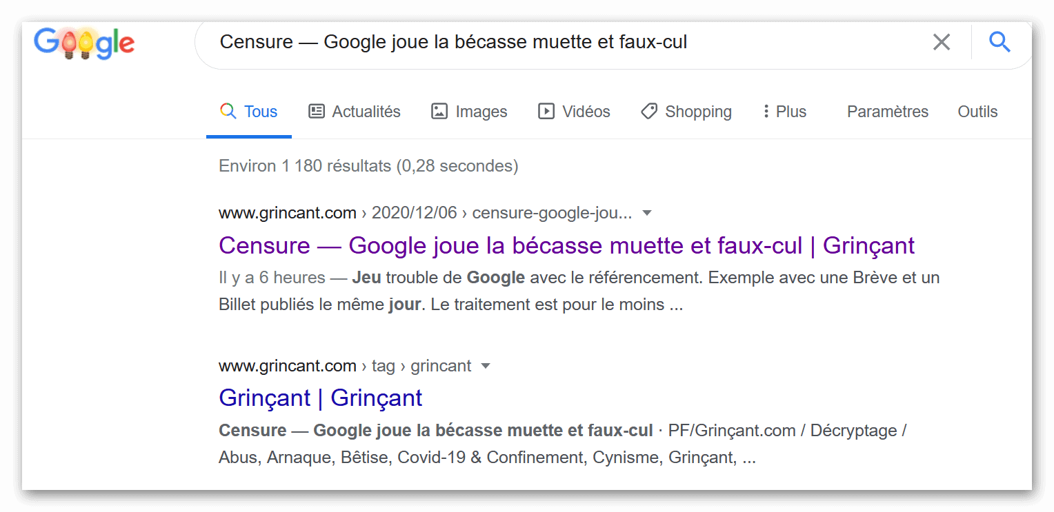 Remontée du présent billet dans Google Search, ce 06/12/2020 à 20h30 : OK