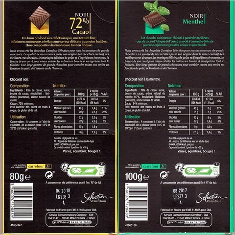 Tablettes de chocolat Carrefour 80g vs 100g