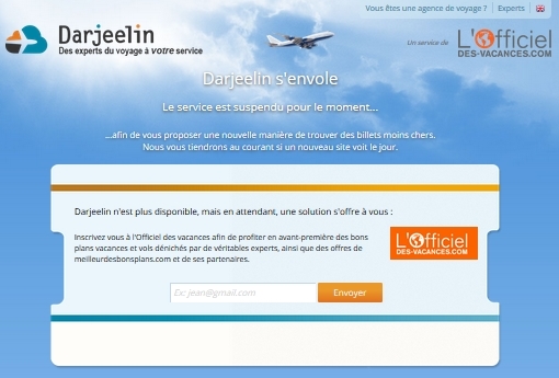 Darjeelin s'envole – Le service est suspendu pour le moment... Copie écran Darjeelin.fr 02/06/2016-20h53