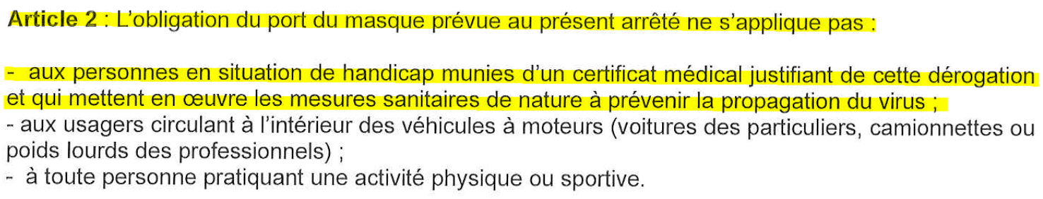 Dérogation expresse de port du masque dans un arrêté préfectoral