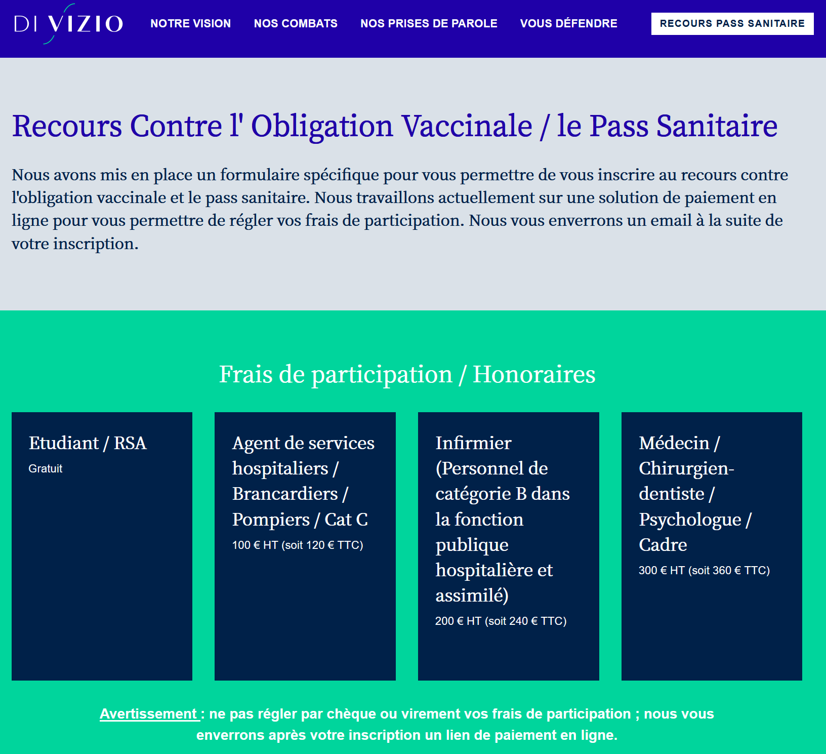Cabinet Di Vizio, formulaire action collective contre l'obligation vaccinale/le pass sanitaire — Capture par PF, 23/07/2021-10h10