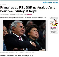 Huffington Post 02/12/2010 : Primaires au PS : DSK ne ferait qu'une bouchée d'Aubry et Royal
