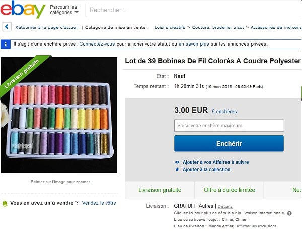 Fil à coudre aux enchères sur eBay