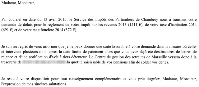 Fin de non recevoir du fisc, poursuite saisie sur retraite