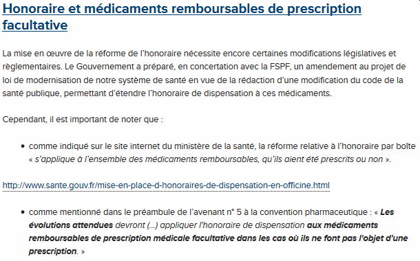 FSPF - Honoraire et médicaments remboursables de prescription facultative (capture écran 04/01/2018pm)