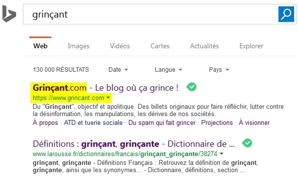 Grinçant en première position sur Bing, 11/02/2016-12h52