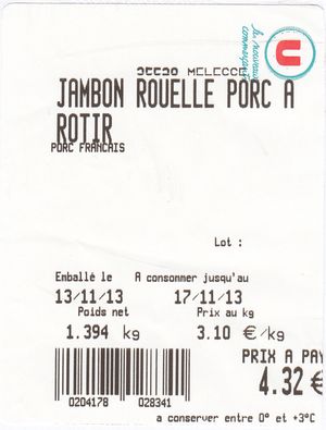 Jambon, rouelle de porc à rotir à 3,10 €/Kg