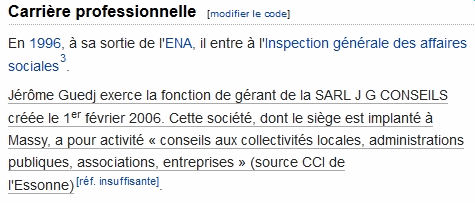 Jérôme Guedj, copie d'écran fiche Wikipédia 02/04/2015-08h45, section “Carrière professionnelle”