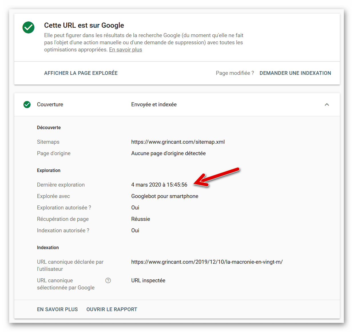 État de l'indexation du billet dans Google Search Console, le 30/03/2020-13h00