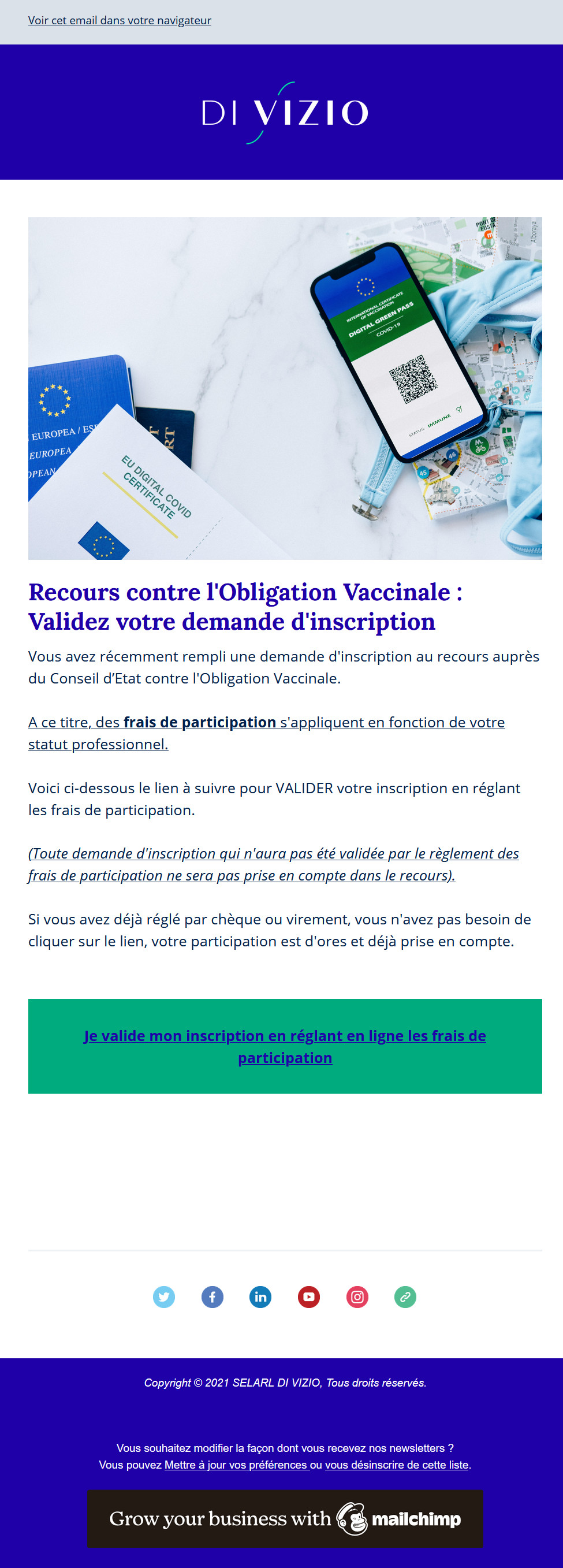 Mail de confirmation pour validation inscription au recours Di Vizio - Reçu le 24/07/2021à11h22