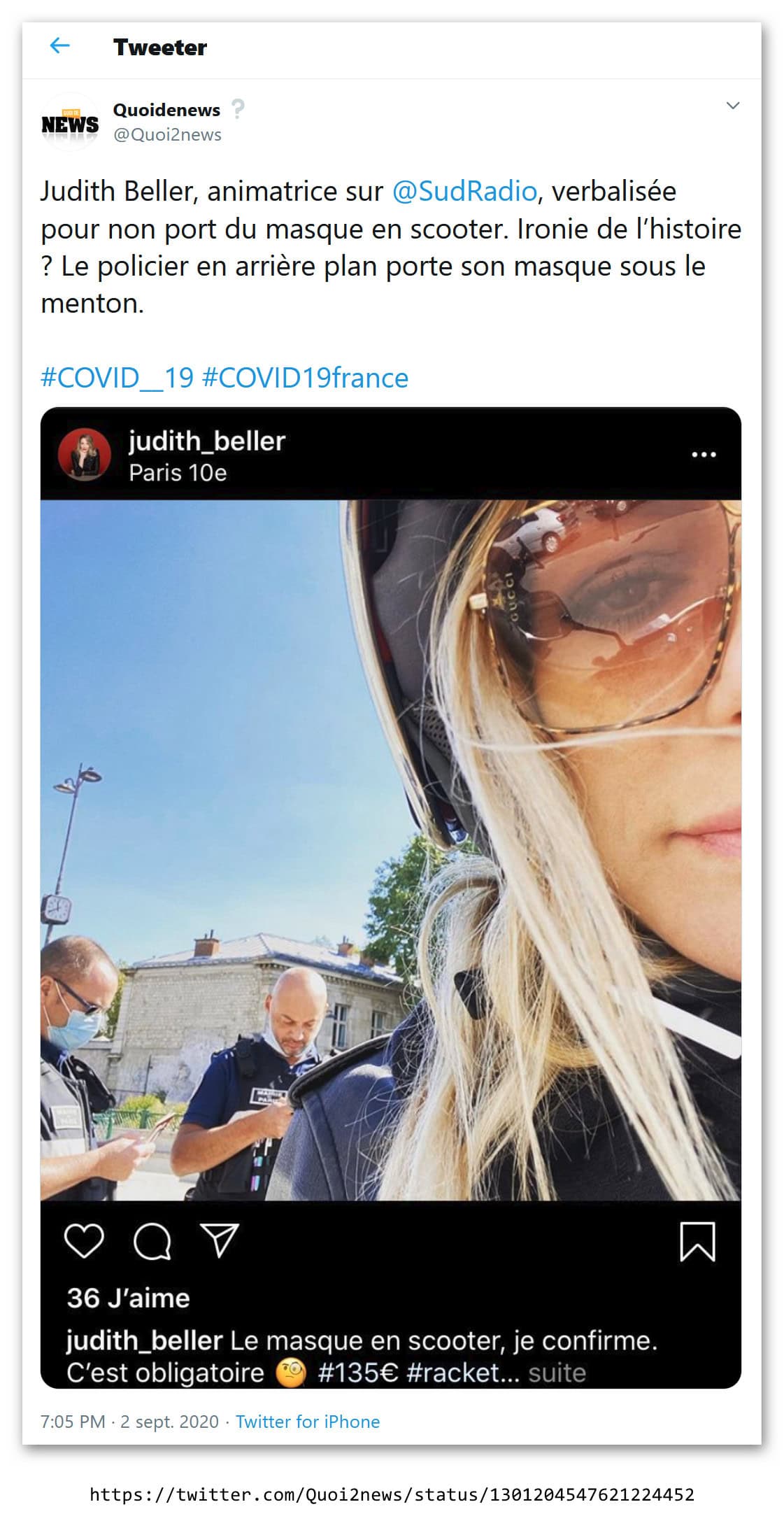 Non-port du masque en scooter : verbalisée par un flic non masqué !