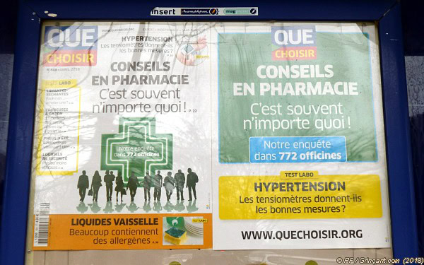 Que Choisir Avril 2018, n° 568 – “CONSEILS EN PHARMACIE —  C'est souvent n'importe quoi !”