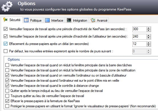 KeePass v2.40 - Options Sécurité / Presse-papiers