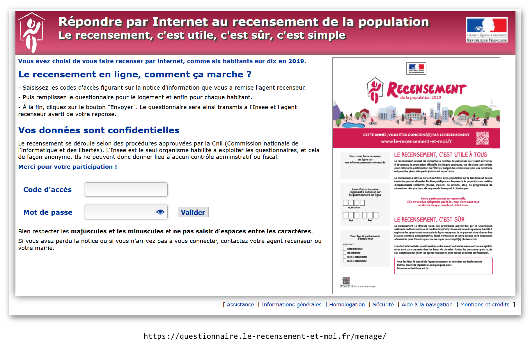 Page d'accueil Recensement en ligne 2020 - Capture 29/01/2020