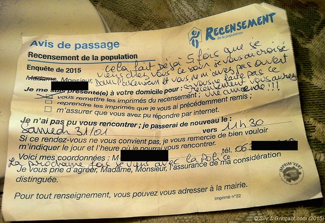 Avis de passage d'un agent recenseur, avec menaces