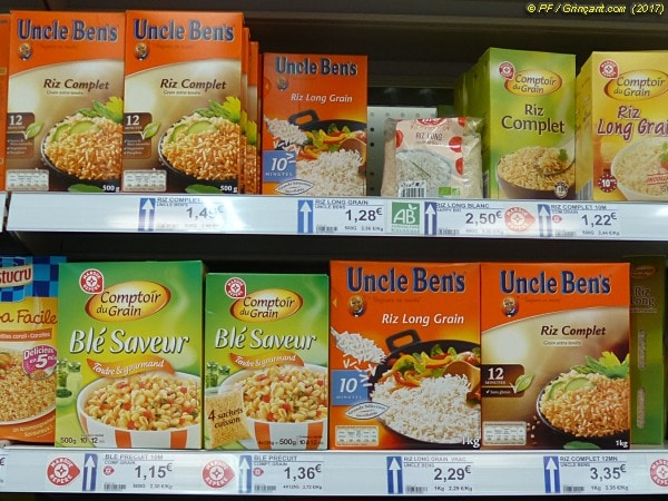 Riz complet Uncle Ben's, grande boîte plus onéreuse que la petite au kilo