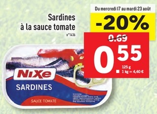 Promo sardines à la tomate Nixe de Lidl, -20% du 17 au 23 août 2016