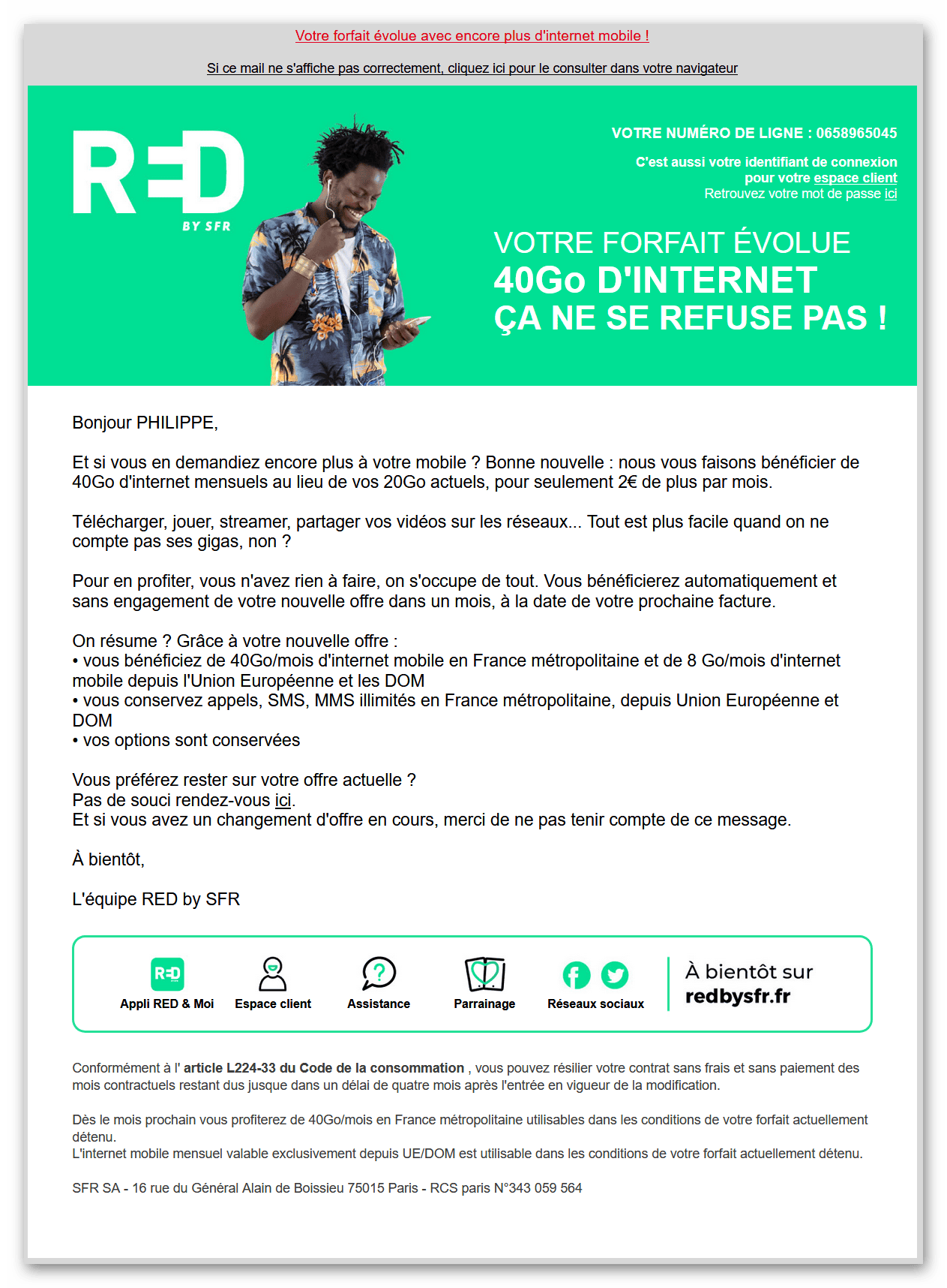 Mail SFR du 09/12/2019 pour évolution quasi forcée de mon forfait 20 Go