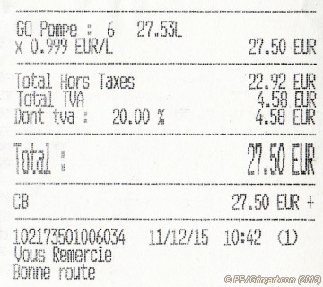 Ticket carburant diesel : 27,50 euros pour 27,53 litres