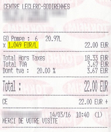 Diesel à 1,049 € le litre, station Leclerc RENNES