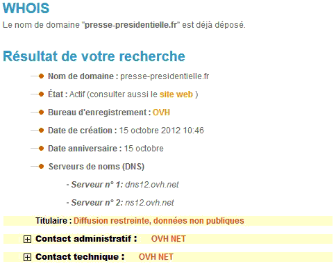 Whois AFNIC presse-presidentielle.fr (16/01/2014-11:20)