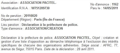 Association PACITEL - Déclaration de création W751209730 Association PACITEL - Déclaration de création W751209730