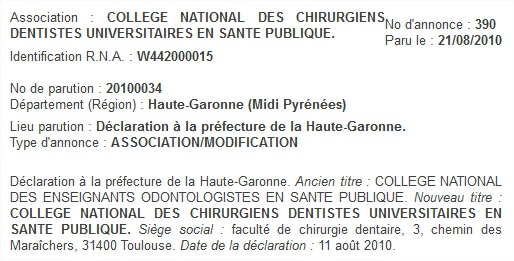 Le "Collège national des Enseignants odontologistes en santé publique" devient le "Collège national des Chirurgiens-Dentistes universitaires en Santé publique"