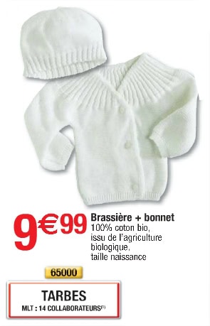 Exemple catalogue Cora "Produits français" : Brassière & bonnet pour bébé