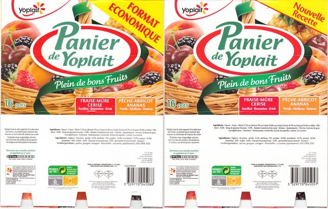 Emballages Panier de Yoplait, "Format économique" vs "Nouvelle Recette"