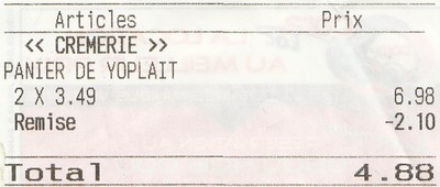 Ticket de caisse Panier de Yoplait (24/08/2013 AM) Ticket de caisse Panier de Yoplait (24/08/2013 AM)