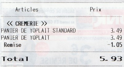Ticket de caisse Panier de Yoplait (29/08/2013 AM)