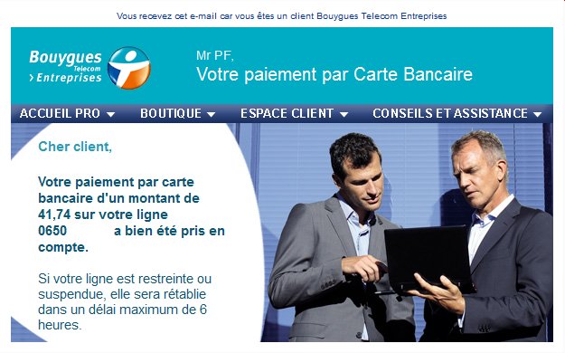 Bouygues Telecom : Votre paiement par carte bancaire a bien été pris en compte Bouygues Telecom : Votre paiement par carte bancaire a bien été pris en compte