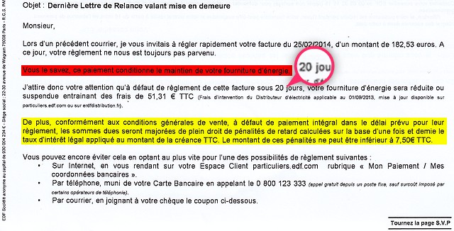 Dernière Lettre de Relance valant mise en demeure 25/03/2014