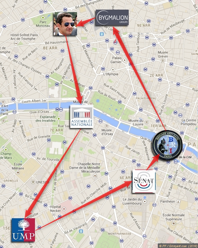 BRI/Antigang (36 quai des Orfèvres), Bygmalion, bureaux de Nicolas Sarkozy, Assemblée nationale, siège de l'UMP, Sénat, retour au bercail Circuit BRI/Antigang pour raid UMP