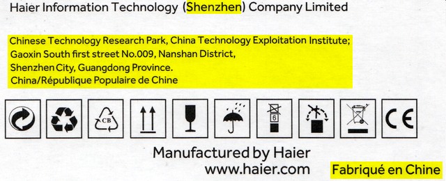 Tablette chinoise Haier, marque chinoise, fabriquée en Chine