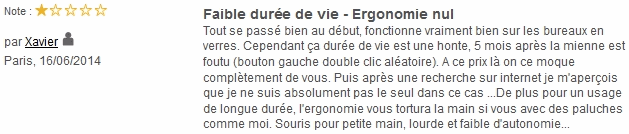 Sur Fnac.com : "Faible durée de vie - Ergonomie nulle" (16/06/2014) Avis sur Fnac.com