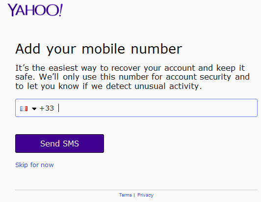 Yahoo! Add your mobile number