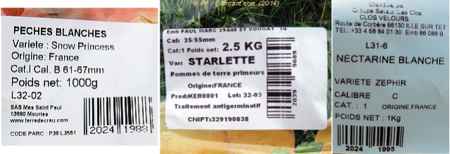 Les étiquettes des pêches, pommes de terre et nectarines (origine France)