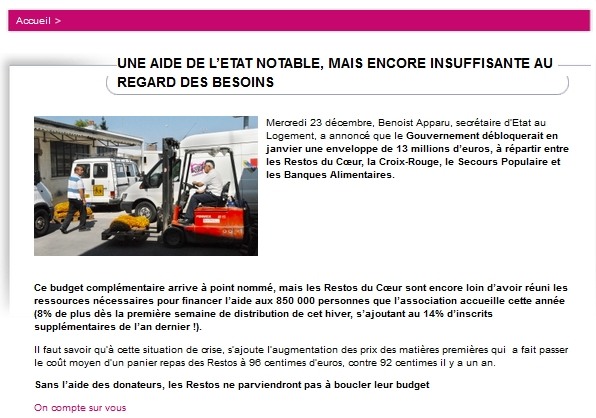 4,35 % de hausse en un an, rien que sur un repas de pauvre, bigre ! Restos du Coeur ! De 92 à 96 centimes le repas