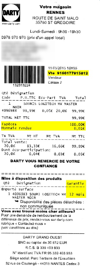 Ticket de caisse Darty pour souris MX Master