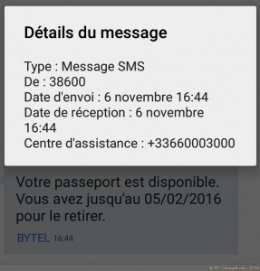 SMS du 38600 "Votre passeport est disponible"