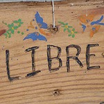 Balade en forêt, mode politique et état d'urgence LIBRE écrit sur un panneau de bois