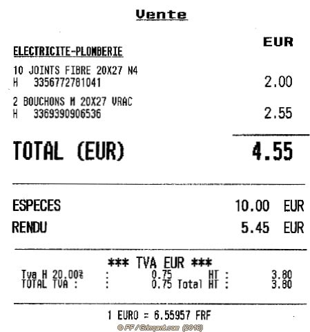 Ticket de caisse Leroy-Merlin, rayon Électricité-Plomberie