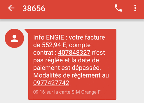 On persévère chez Engie ! Racket ou escroquerie ? Copie d'écran, SMS Engie du 38656, pour rappeler le 0977427742, reçu le 16/04/2016 à 09:16