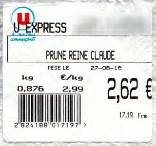 Étiquette pesée PRUNE REINE CLAUDE à 2,99€/kg, le 27/08/2016