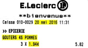 Extrait ticket Leclerc 20/05/2016 - GOUTERS 4S POMMES, 3 boîtes